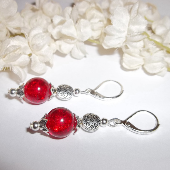 Ruby Red Crackled Glass Earring Silver Dangle Drop Earring Earring Earrings 4773 - Picture 4 of 8